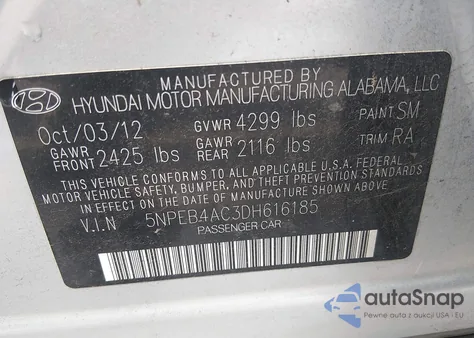 2013 Hyundai Sonata Gls z USA, uszkodzony, nr VIN 5NPEB4AC3DH616185